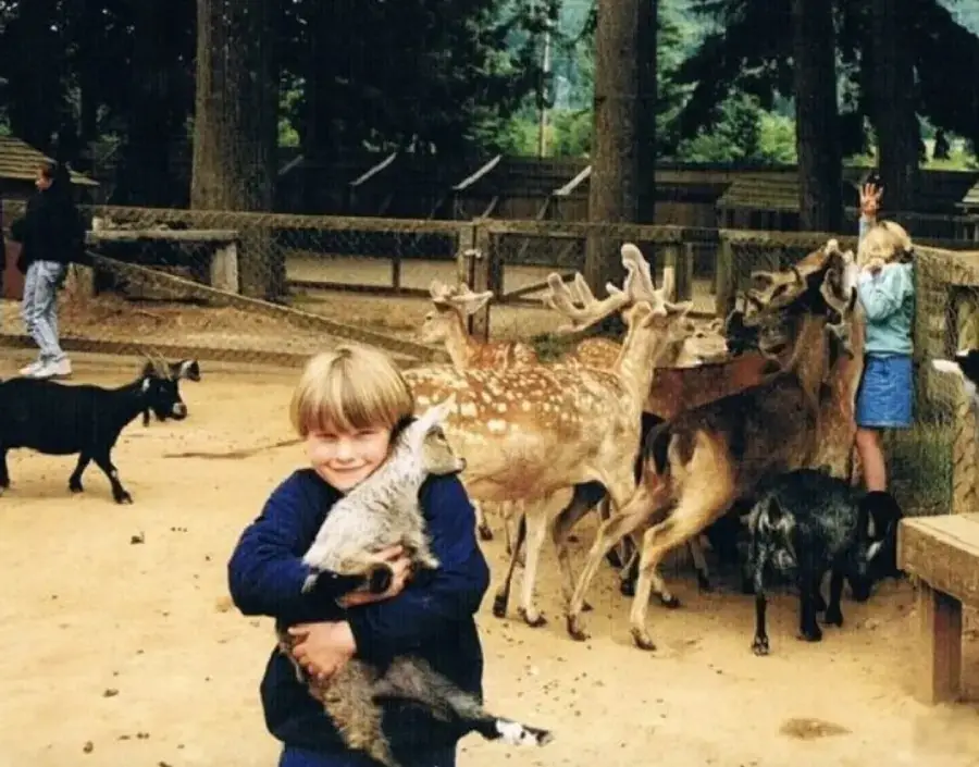 A smiling child hugs a goat in an outdoor animal enclosure. Several deer and goats gather nearby, with another child standing among the animals in the background. Trees and a fence surround the area.
