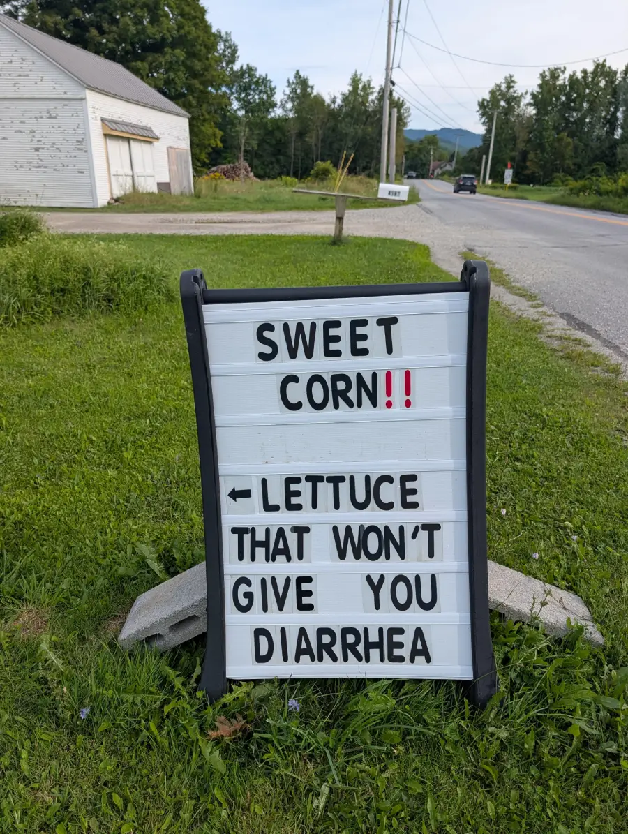 A roadside sign reads, “SWEET CORN!! ← LETTUCE THAT WON’T GIVE YOU DIARRHEA,” with a rural road and grassy area in the background.