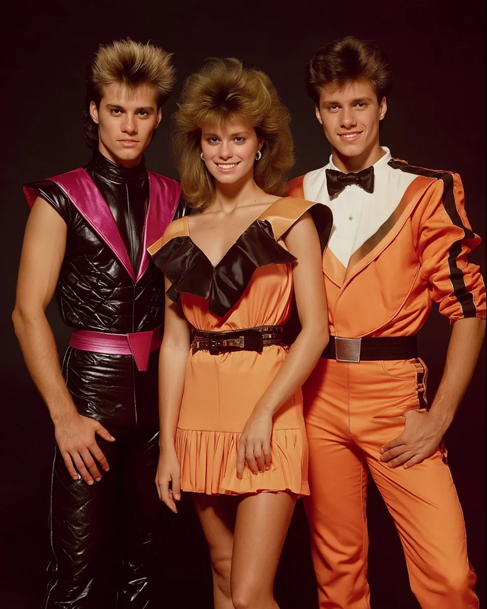 Three young adults in bold 1980s outfits, two men in shiny, colorful suits and a woman in an orange dress with ruffles, all posing and smiling against a black background.