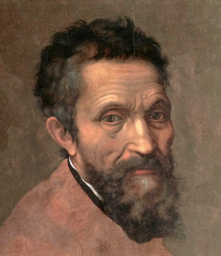 A painted portrait of an older man with curly dark hair, a full beard, and a serious expression, wearing a dark shirt and brownish cloak against a neutral background.