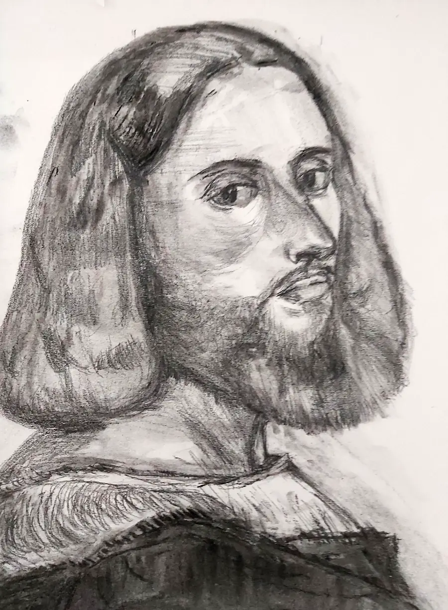 Black and white pencil sketch of a man with shoulder-length hair and a beard, wearing a loose garment. He is facing left but looking directly at the viewer, with a serious expression.