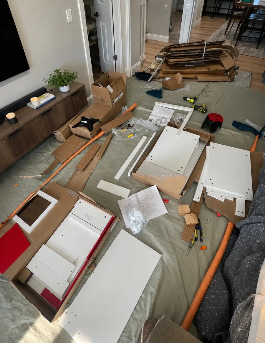 Disassembled furniture pieces, tools, and cardboard boxes are spread out on a blanket in a living room, ready for assembly. A TV console and some plants are visible in the background.