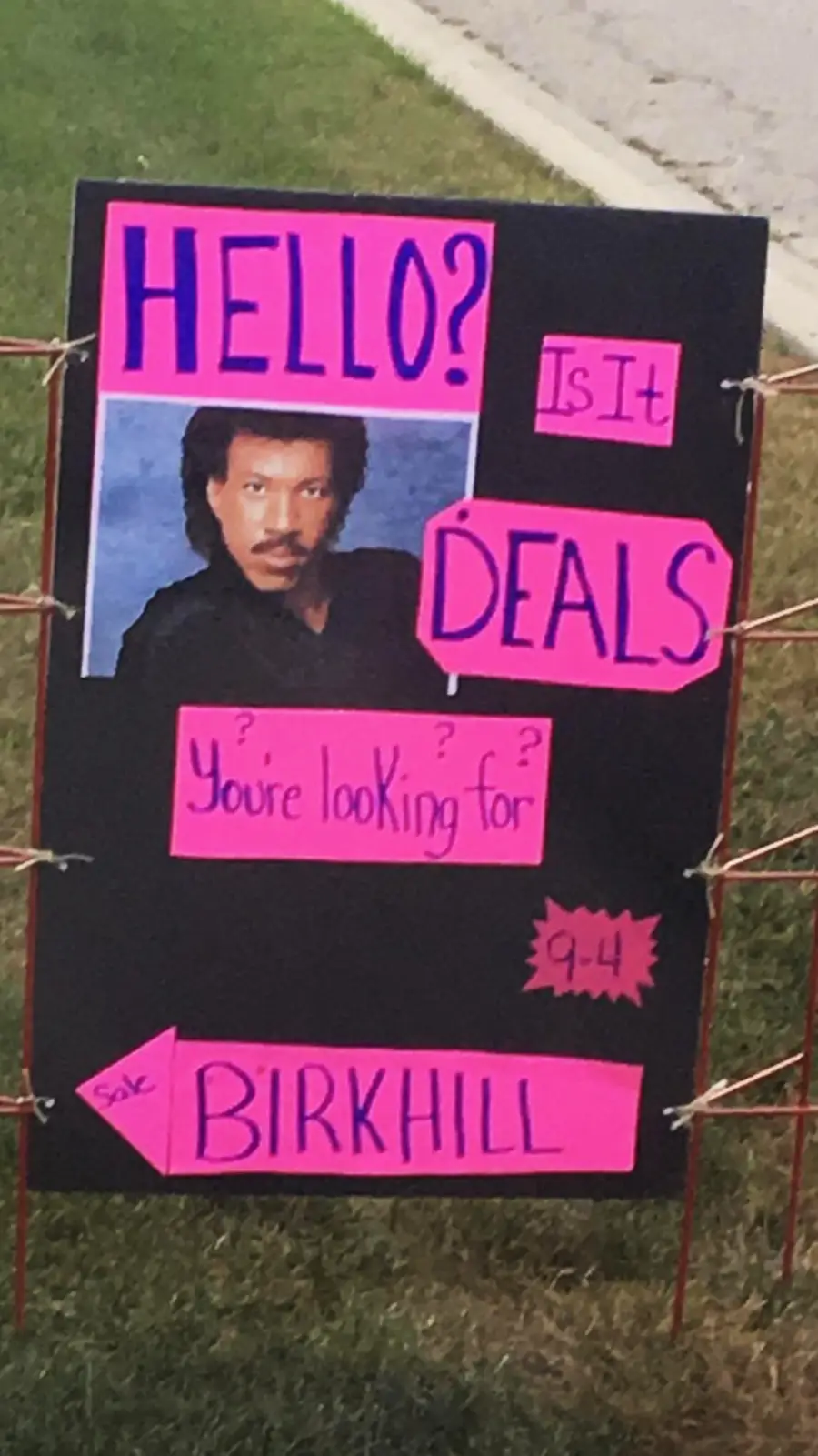A yard sign with a photo of Lionel Richie reads, “HELLO? Is it DEALS you’re looking for? 9-4,” with an arrow pointing to “Birkhill.” The sign is bordered by grass and a sidewalk.