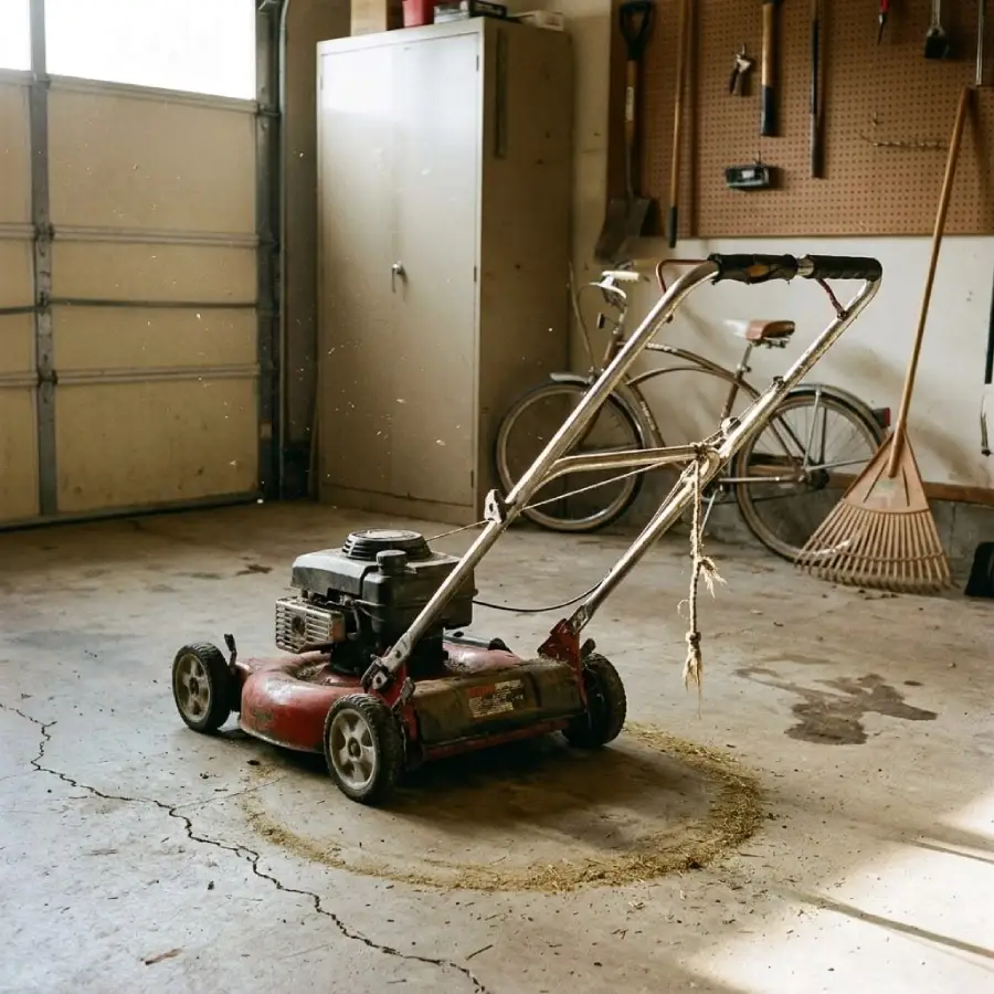 A red lawnmower sits on a garage floor surrounded by grass clippings, with tools, a bicycle, and a cabinet in the background. Rays of sunlight illuminate the scene.