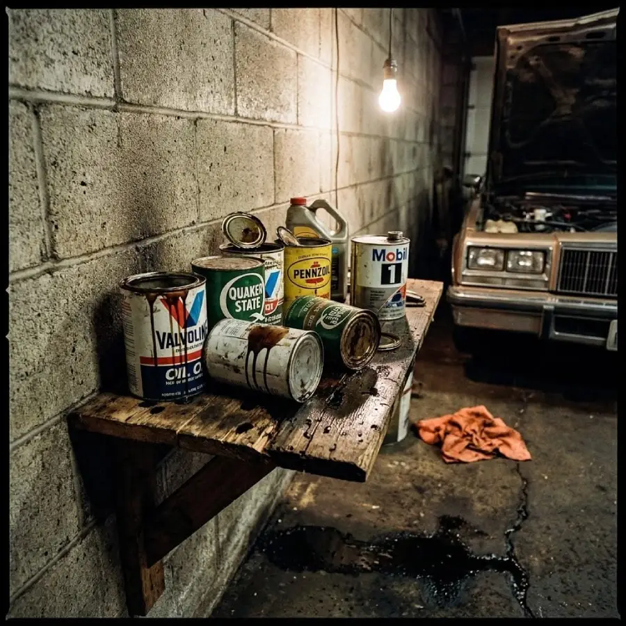 Old oil cans and containers sit on a wooden shelf against a cinder block wall in a dimly lit garage, with a car hood open and a lightbulb hanging above. An orange rag lies on the floor nearby.