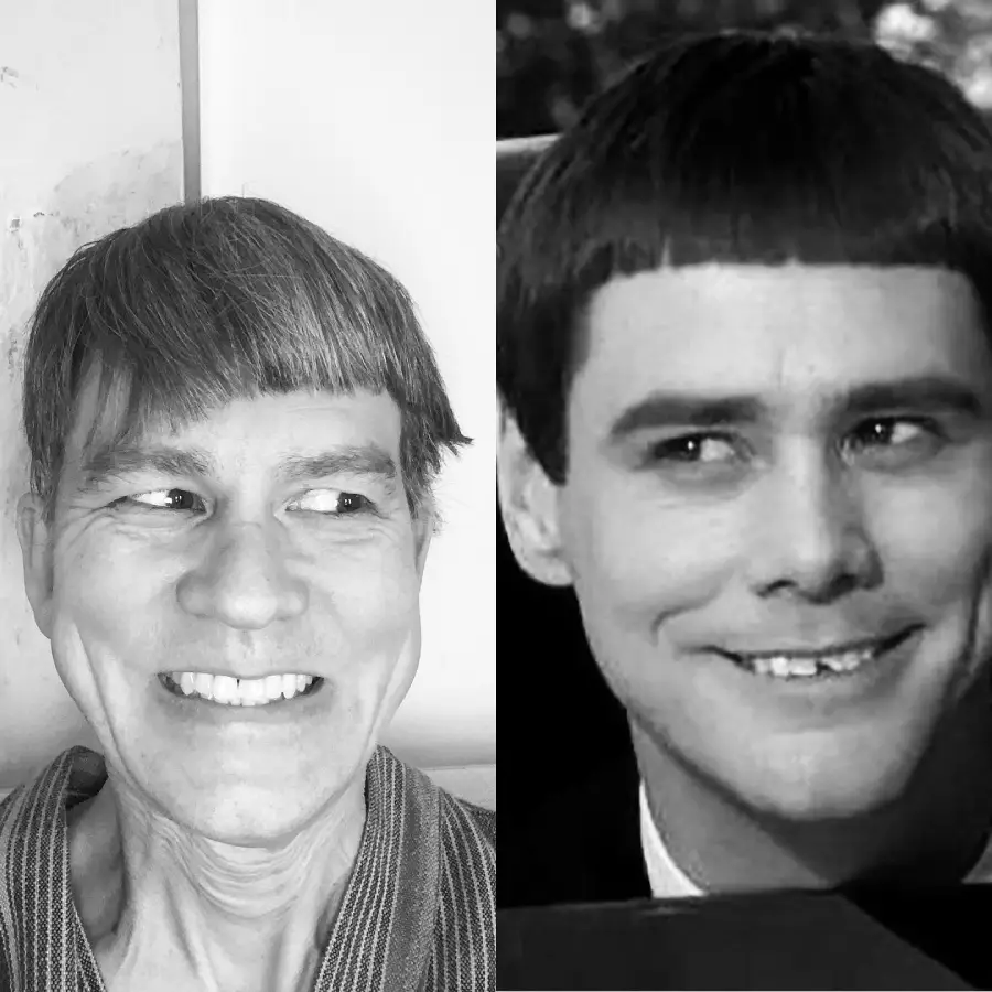 Split image: On the left, a person with a bowl haircut smiles and looks sideways. On the right, a similar bowl-haired character from a movie smiles in the same way. Both images are in black and white.
