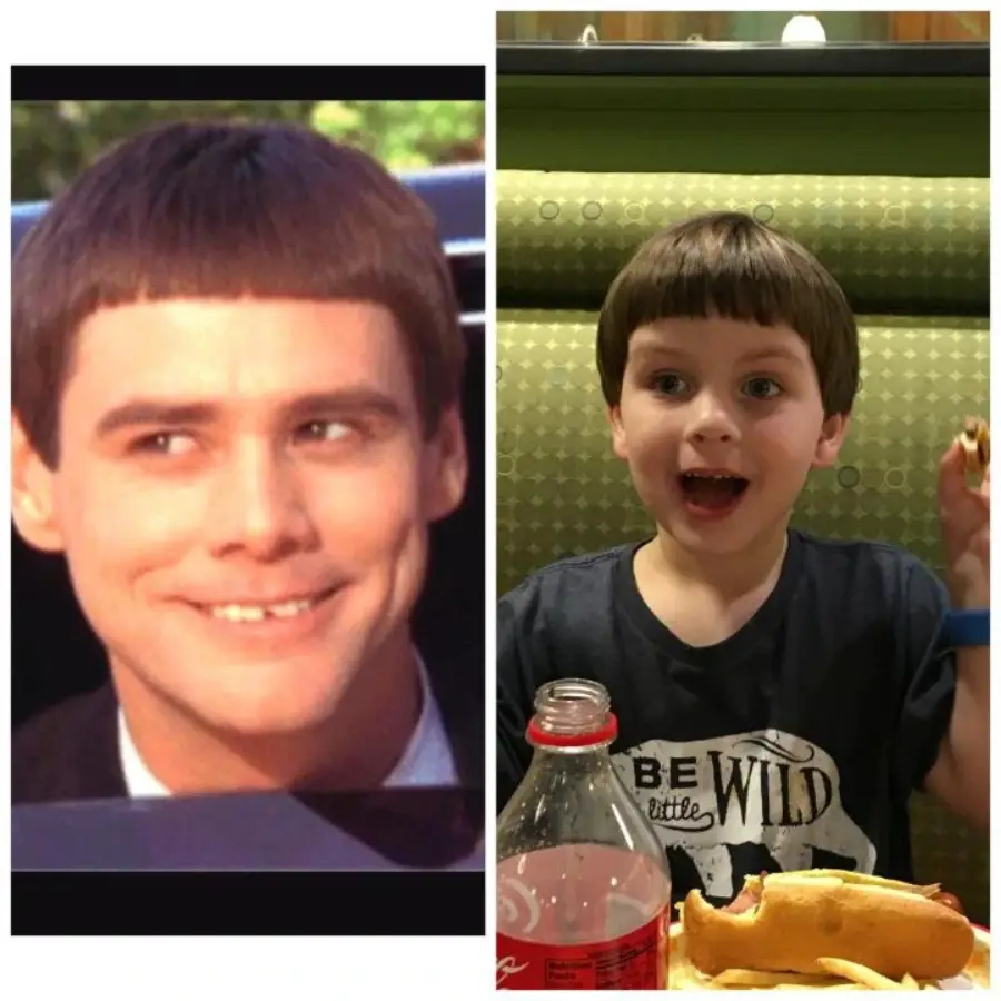 Split image: Left, a man with a bowl haircut grins mischievously. Right, a young boy with a similar haircut looks surprised, holding food at a restaurant, with sandwiches and a soda bottle in front of him.