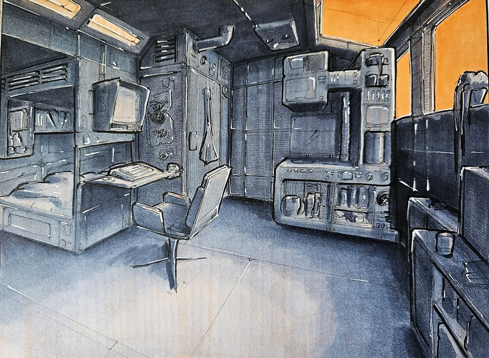 Futuristic room with a bed, desk, chair, TV, and control panels. The design is industrial, with many compartments and devices. Large windows let in orange light, giving the space a warm, high-tech feel.