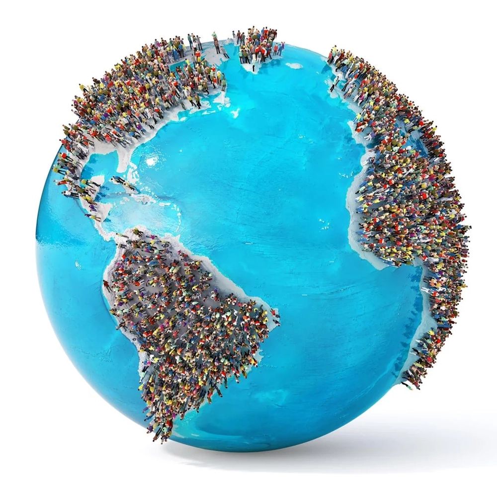 A globe with North and South America visible, covered in small, colorful figures representing crowds of people standing densely around the continents.
