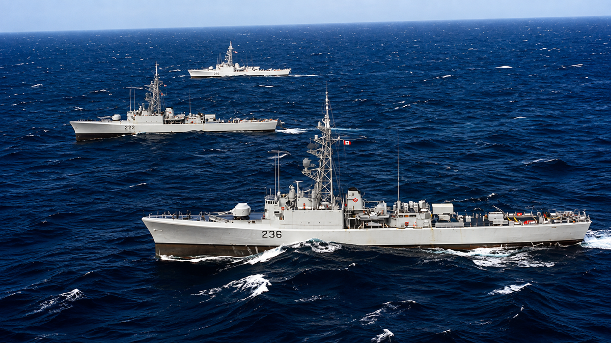 Three navy ships sail in formation on a deep blue, slightly choppy ocean under a clear sky. Each ship displays identification numbers and has visible radar and communication equipment on their decks.