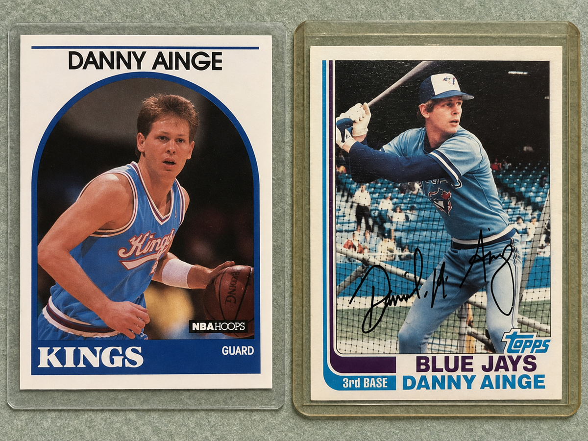 Two trading cards of Danny Ainge: left shows him in a Sacramento Kings basketball uniform, right shows him in a Toronto Blue Jays baseball uniform, holding a bat.