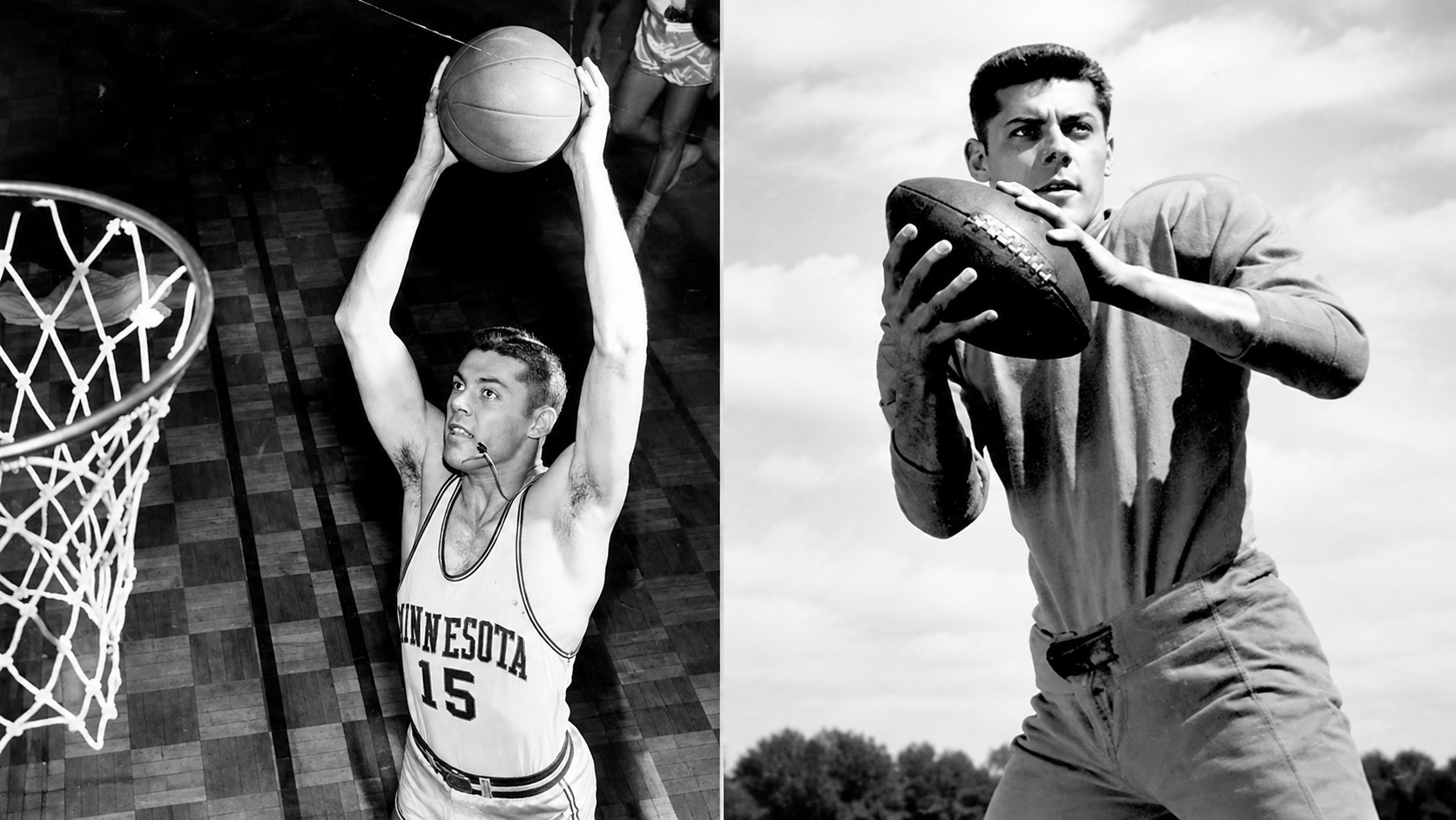 Left: Basketball player in a “Minnesota” jersey jumps to dunk. Right: Football player in vintage gear holds a ball, looking to throw. Both images are in black and white.