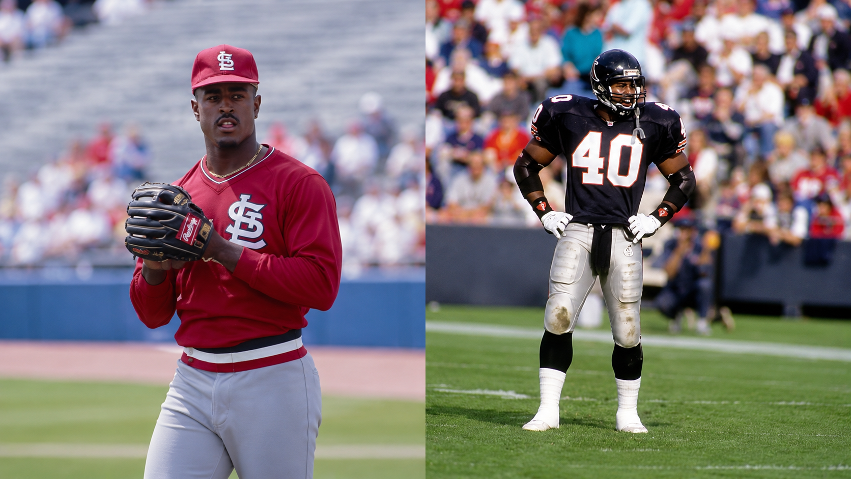 A baseball player in a red St. Louis Cardinals uniform stands on a field, and a football player in a dark Chicago Bears uniform stands on a football field.