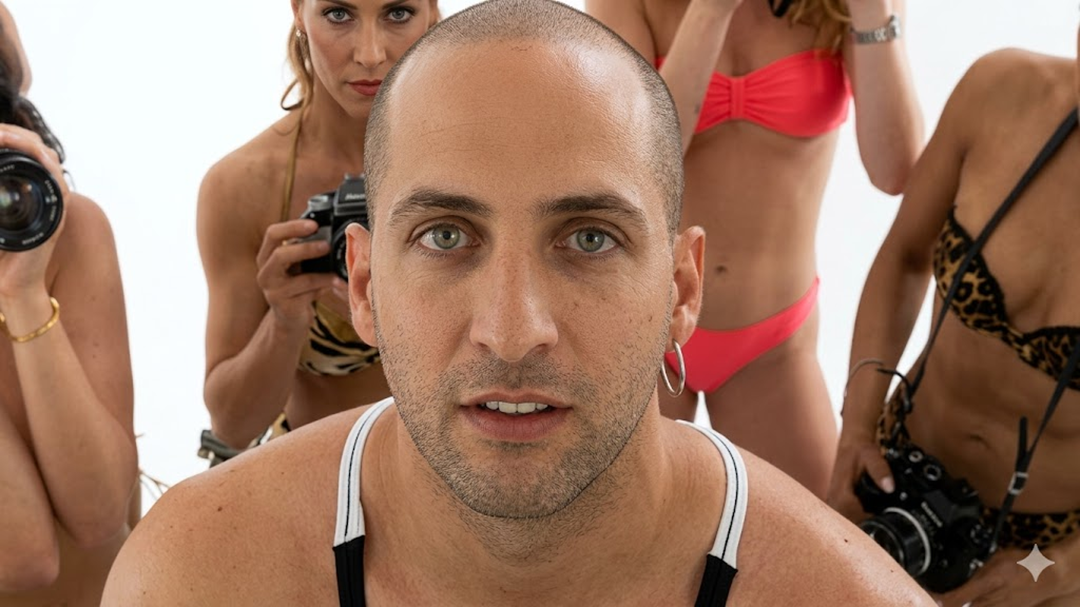 A man with a shaved head and hoop earring looks into the camera, surrounded by women in swimsuits holding cameras, against a white background.