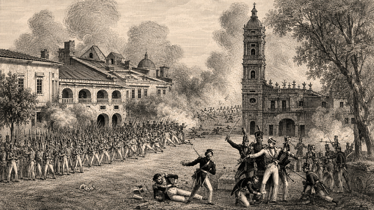 Vintage illustration of a historic battle scene with soldiers in uniform fighting in a town square, smoke rising, and prominent old buildings, including a bell tower and a large house, in the background.