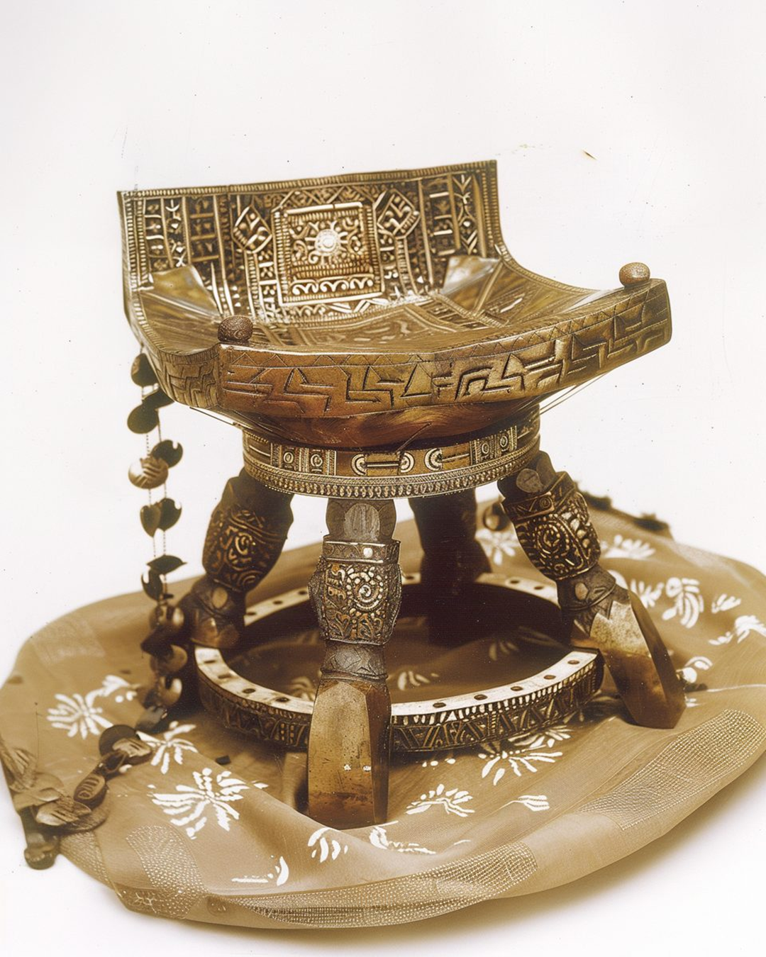 Ornate wooden stool with intricate carvings and brass inlay details, featuring curved legs and decorative chains, placed on a patterned brown cloth.
