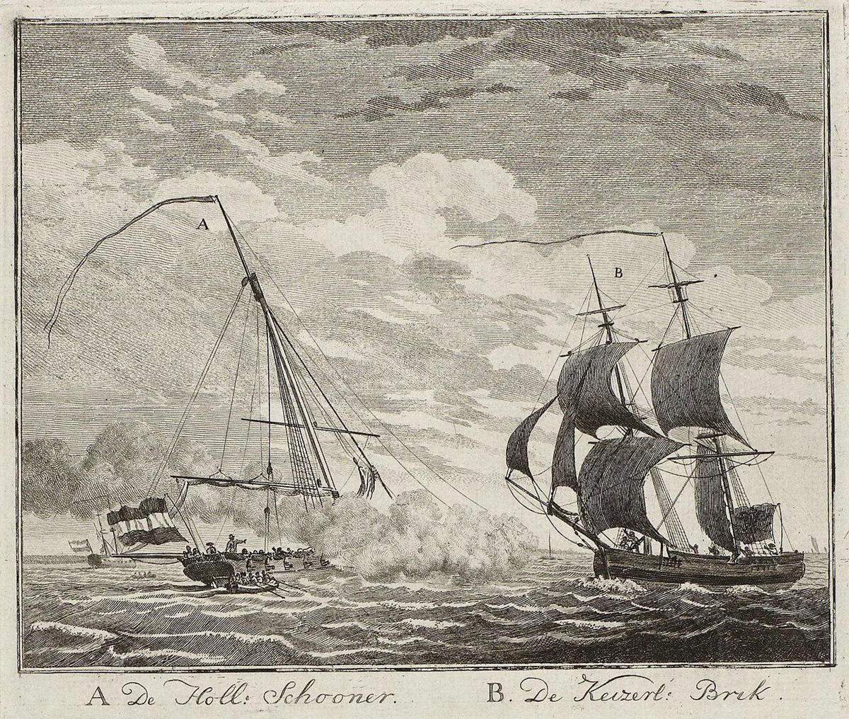 Black-and-white etching of two sailing ships at sea, one labeled A and the other B, with smoke and a small rowboat in the water. Distinct clouds fill the sky above.