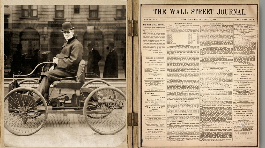 A vintage photo of a man in a suit and bowler hat sitting in an old-fashioned car is shown next to a historic Wall Street Journal newspaper page dated July 3, 1900.