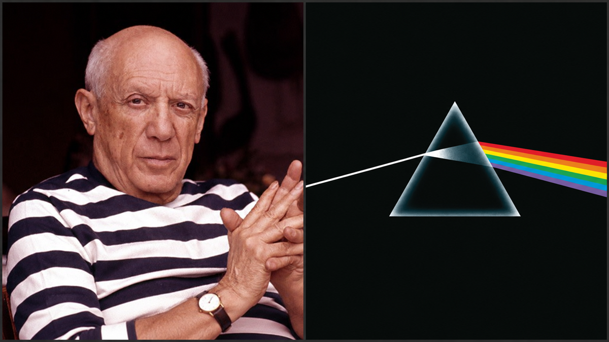 A man in a striped shirt sits with hands clasped, next to Pink Floyd’s “The Dark Side of the Moon” album cover featuring a prism with a rainbow beam.