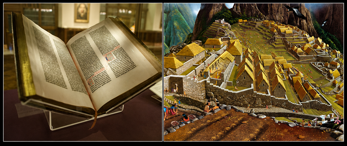 An open ancient book on display next to an illustrated model of a historic hilltop village with stone buildings and thatched roofs.
