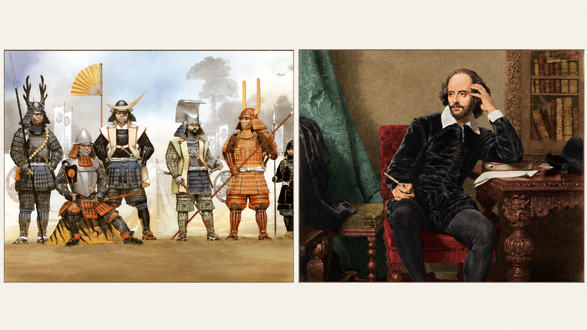 Six samurai in armor stand together; next to them, a man in Renaissance clothing sits in a chair, resting his head on his hand, with books and papers nearby.