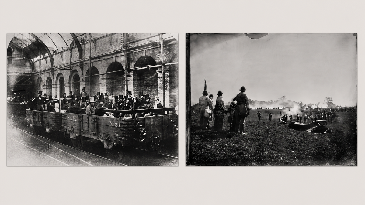 Two black-and-white historical photos: left, people sit in open train cars at a station; right, soldiers and spectators watch smoke rising on a battlefield.