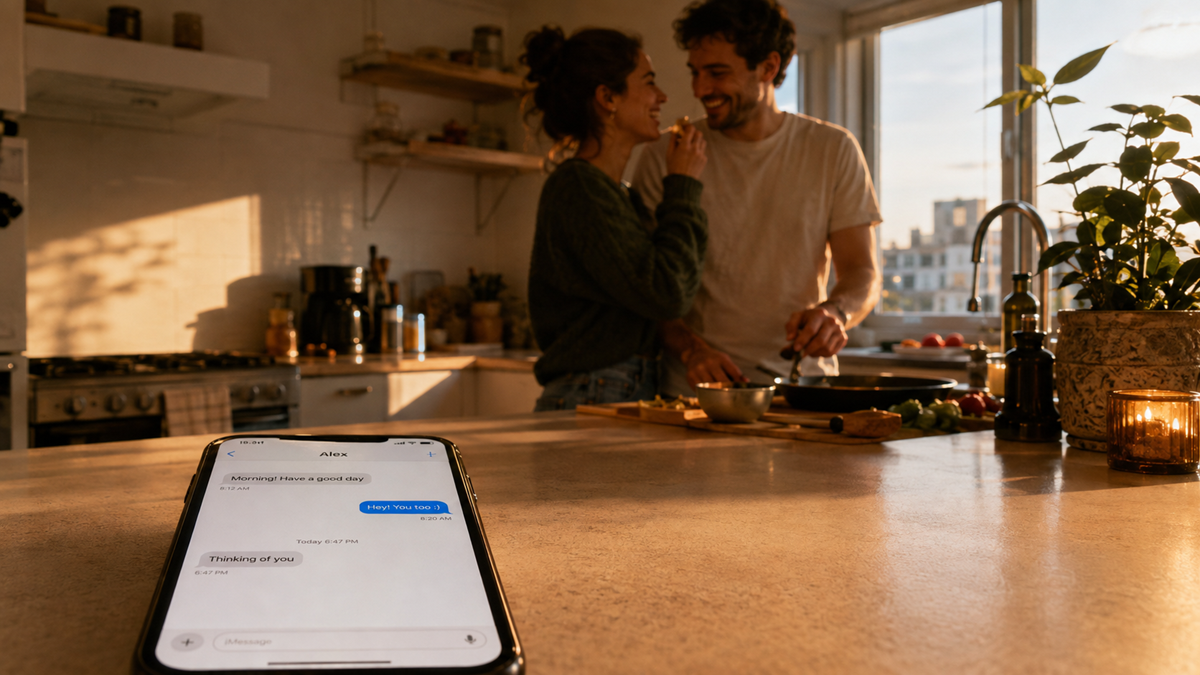 A smartphone on a kitchen counter shows sweet text messages as a smiling couple cooks together in the sunlit background.