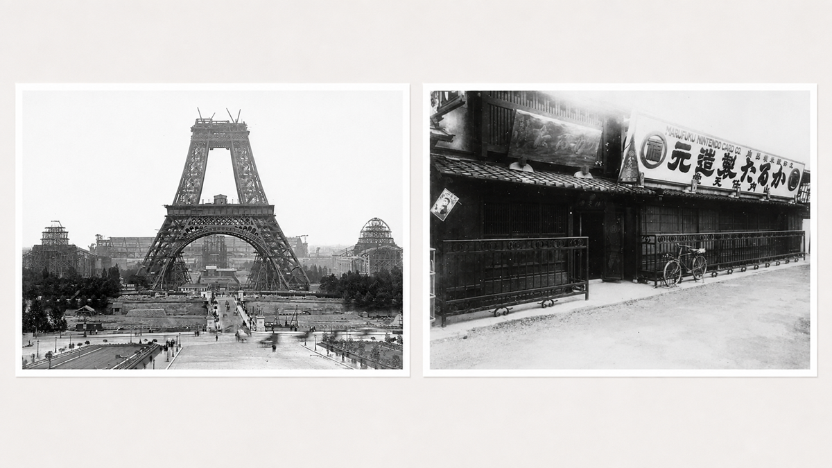 Left: The Eiffel Tower under construction in Paris. Right: An old storefront with Japanese signage and a bicycle parked outside. Both images are in black and white.