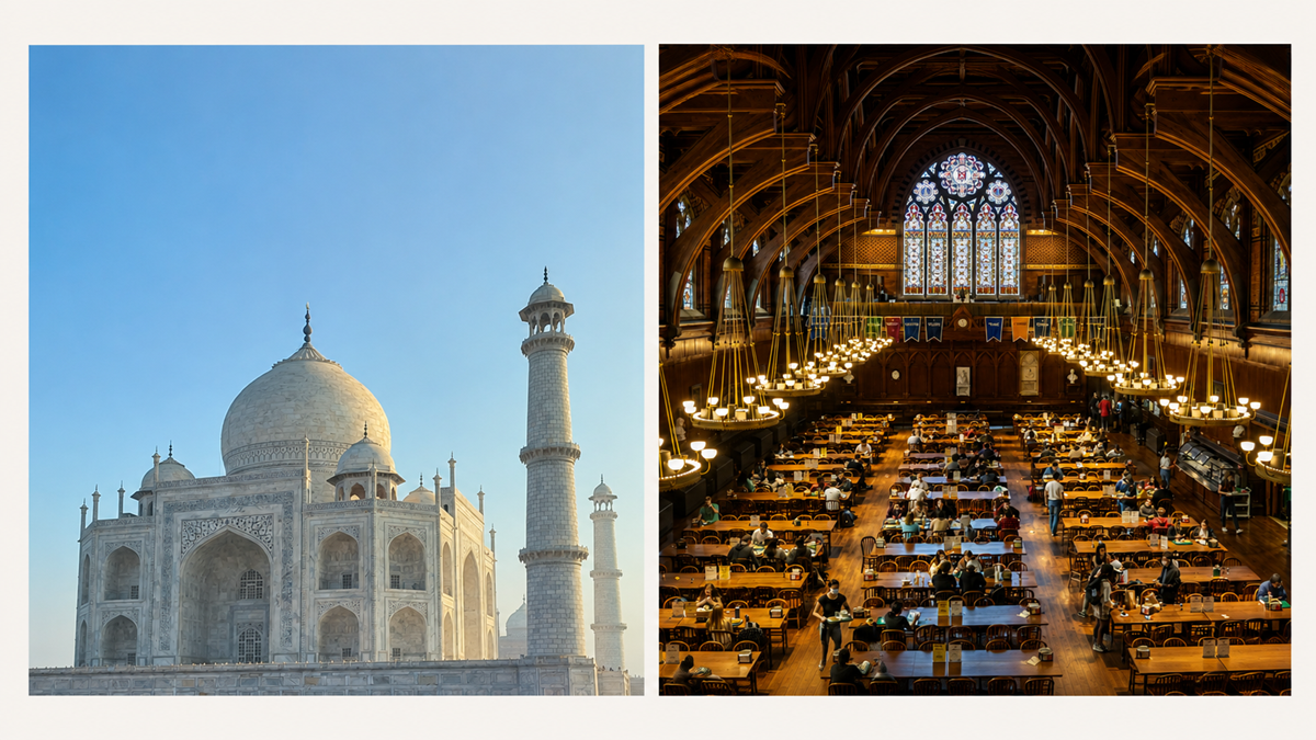 Split image: Left side shows the white marble Taj Mahal against a clear blue sky; right side shows a grand hall with arched wooden ceiling, large stained glass window, and many people studying at long tables.
