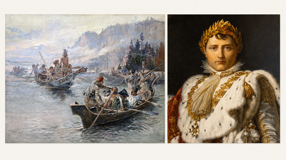 A painting of explorers paddling canoes on a river is on the left; on the right is a formal portrait of a man in royal attire with a laurel crown, white fur robe, and gold decorations.