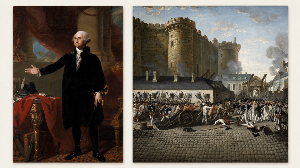 On the left, a man in colonial attire stands by a desk. On the right, a chaotic battle scene unfolds before a fortress, with soldiers, smoke, cannons, and fallen figures on a cobblestone street.