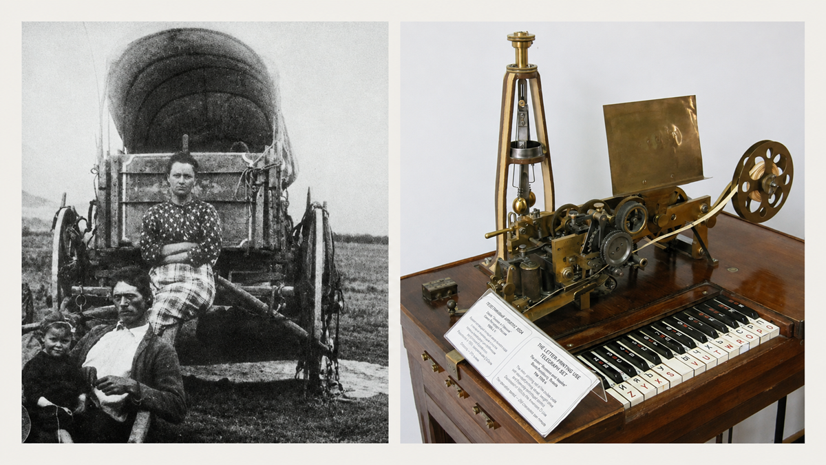 Split image: Left shows three people by a covered wagon, one standing and two seated. Right displays an antique mechanical device with a keyboard and various gears, presented on a wooden table with information placards.