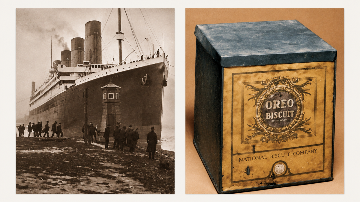 Split image: Left, people board a large steamship. Right, a vintage tin box labeled “Oreo Biscuit” from the National Biscuit Company sits against a beige background.