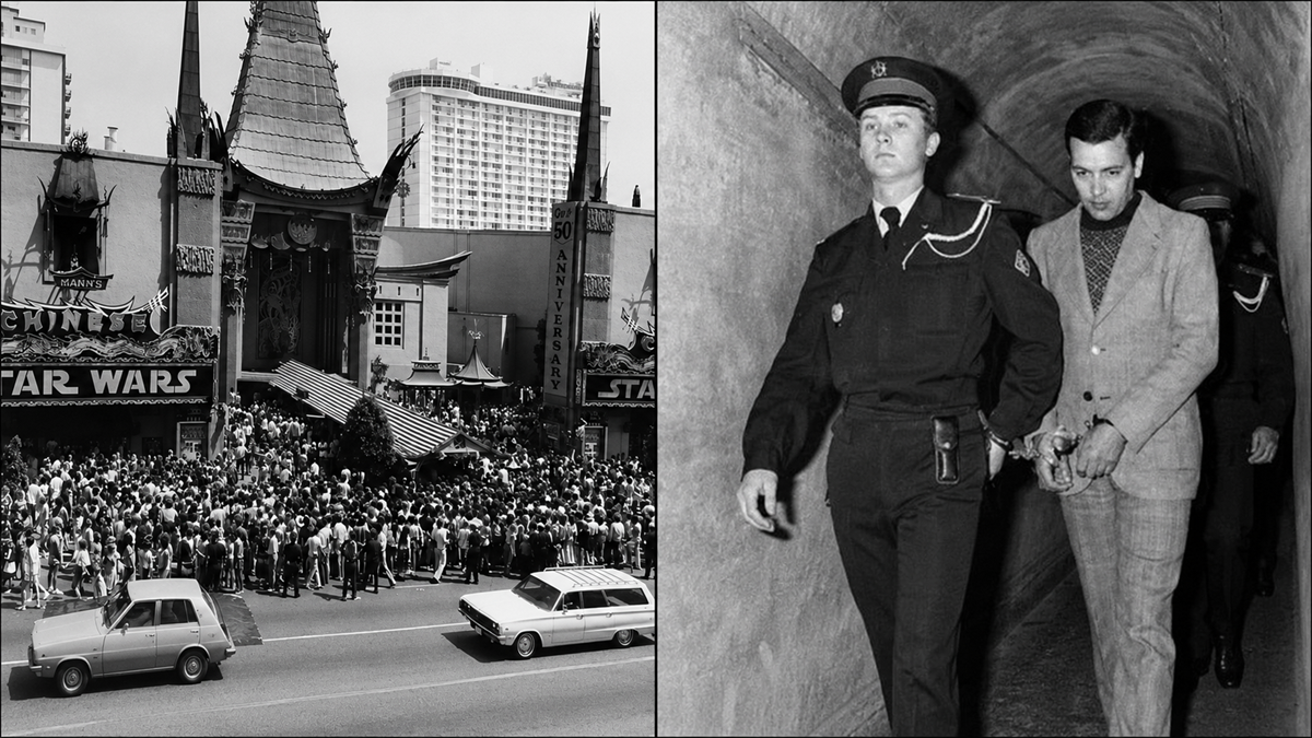 Left: Large crowd outside a theater with a “Star Wars” sign. Right: Police officer escorts a handcuffed man down a tunnel. Both images are black and white.