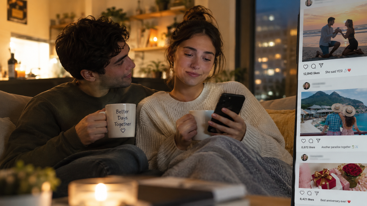 A couple sits on a couch with mugs, the woman looks at her phone while the man gazes at her. An Instagram feed with romantic photos is overlaid on the right side of the image. relationship