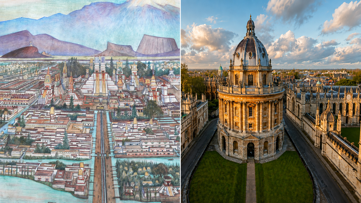 Split image: Left shows an artistic reconstruction of ancient Tenochtitlan with canals and temples; right shows a modern aerial view of Oxford’s Radcliffe Camera under a partly cloudy sky.