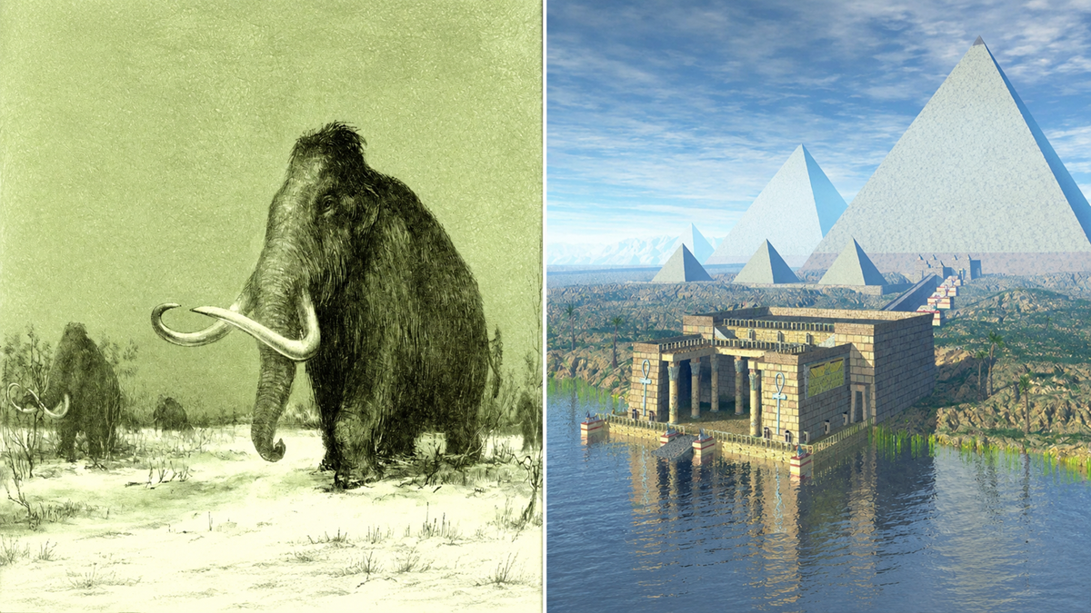 On the left, mammoths walk in a snowy landscape. On the right, stone pyramids and a temple stand beside water under a blue sky.