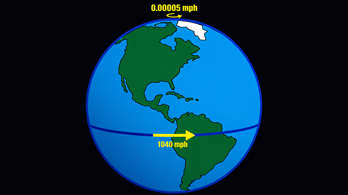 Illustration of Earth showing two yellow arrows; one at the North Pole marked “0.00005 mph,” and one at the equator marked “1040 mph,” indicating different rotational speeds at those locations.