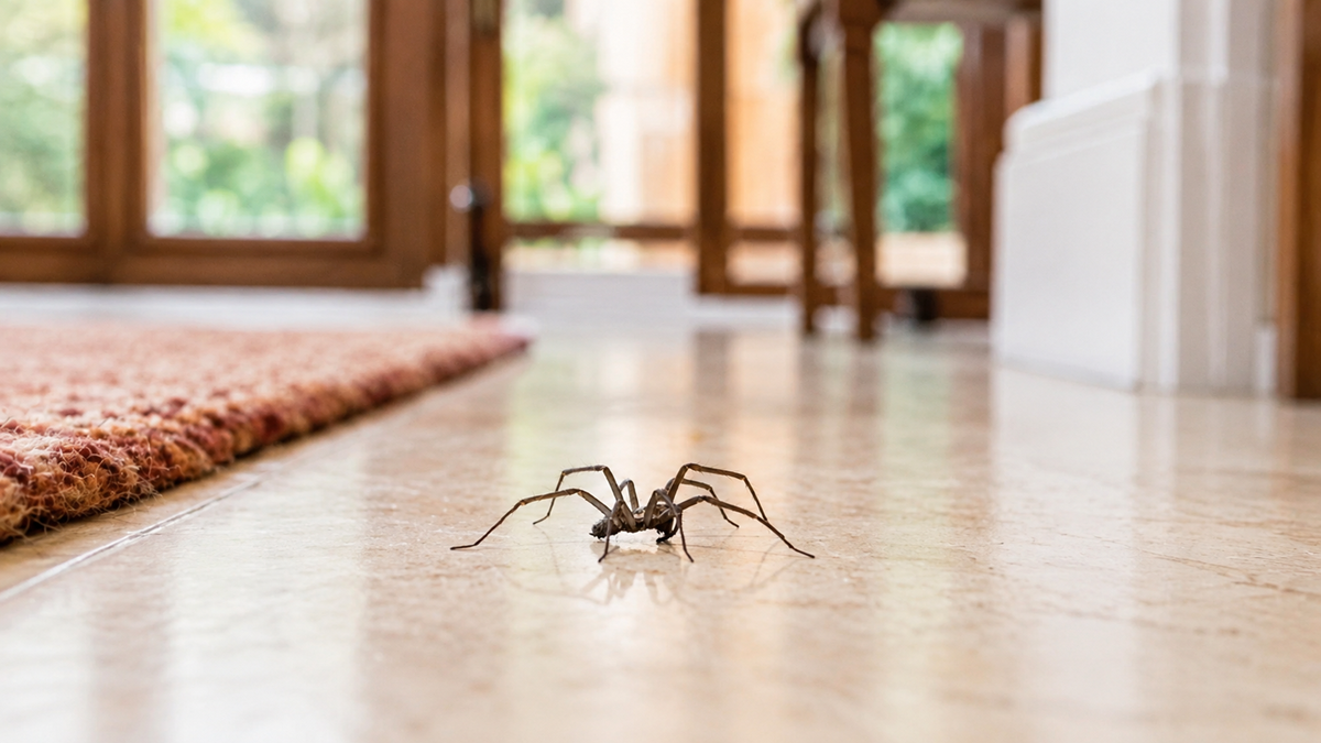 A large spider is on a shiny indoor floor near a red rug, with sunlight streaming through windows in the background.