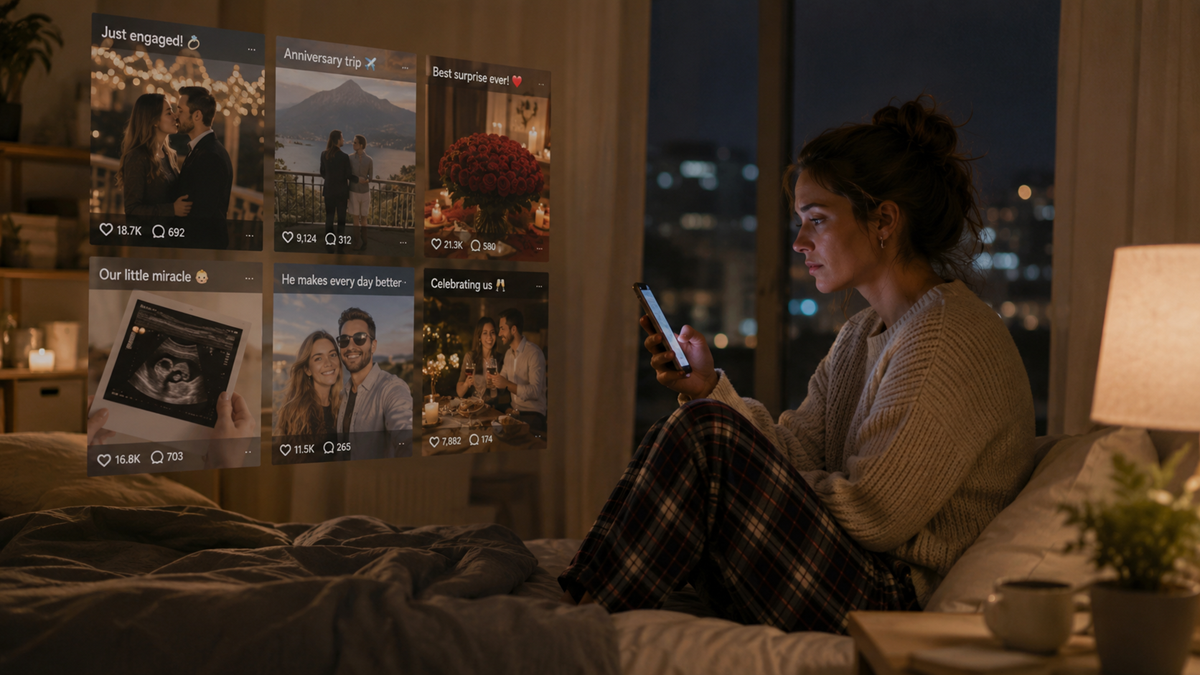 A woman sits on her bed at night, looking at her phone. Social media posts with photos of couples, celebrations, and an ultrasound are projected in front of her, creating a sense of longing or comparison.