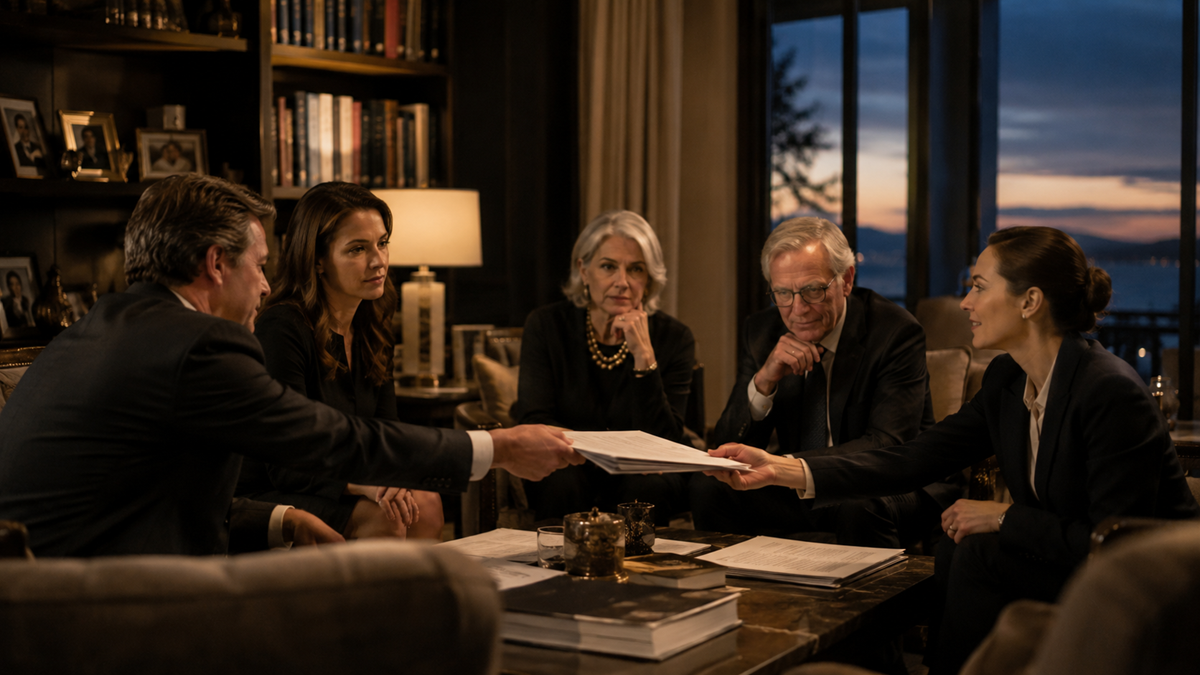 Five people in business attire sit around a table in a dimly lit office, reviewing documents together. One woman hands papers to a man. Large windows show a sunset. The mood is serious and focused.