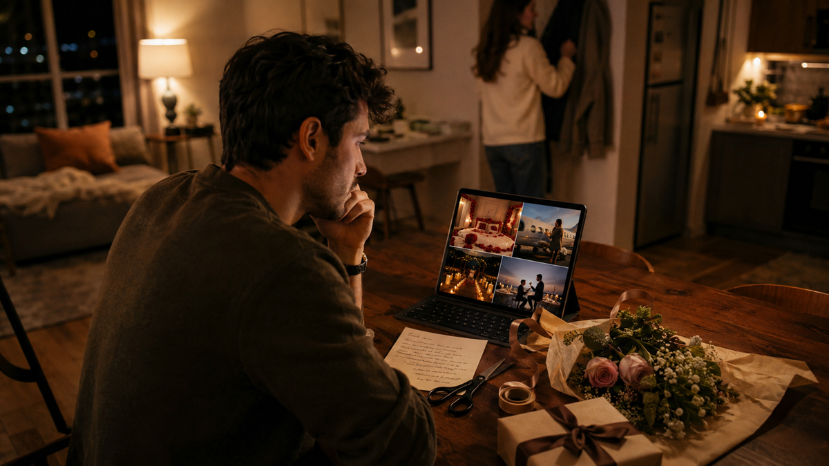 A man sits at a table with gifts and flowers, looking at a laptop showing a video call. A woman is in the background near a coat rack in a warmly lit, cozy room.