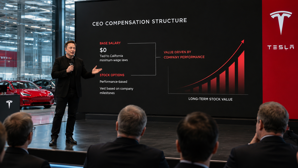 A man speaks on stage next to a large screen showing “CEO Compensation Structure” at a Tesla event, with audience members seated in the foreground.