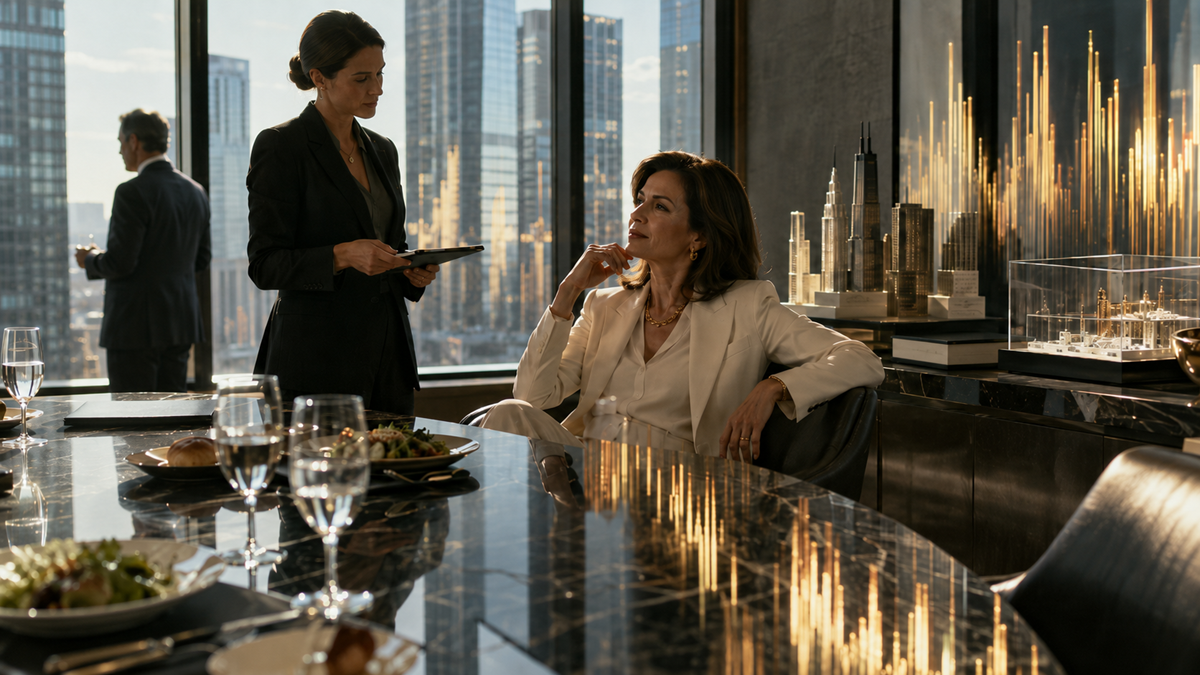 Two women in business attire talk at a marble table with food and drinks. City skyline and modern building models are visible through large windows in a bright, upscale office setting.