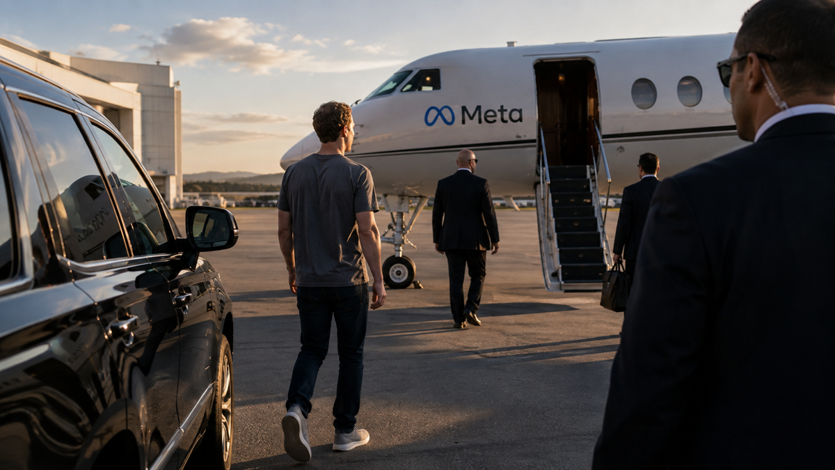A casually dressed man walks toward a private jet with a “Meta” logo, while two suited men head up the stairs. A black car is parked nearby at the airport during sunset.