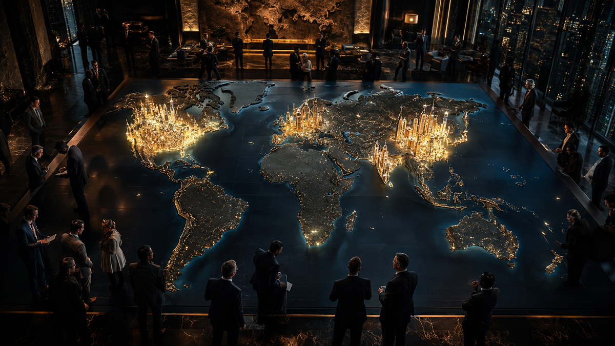 People in formal attire gather around a large, illuminated 3D world map in a dark, elegant room. Tall, glowing buildings mark major cities, creating a dramatic, futuristic atmosphere. City lights shine across continents.