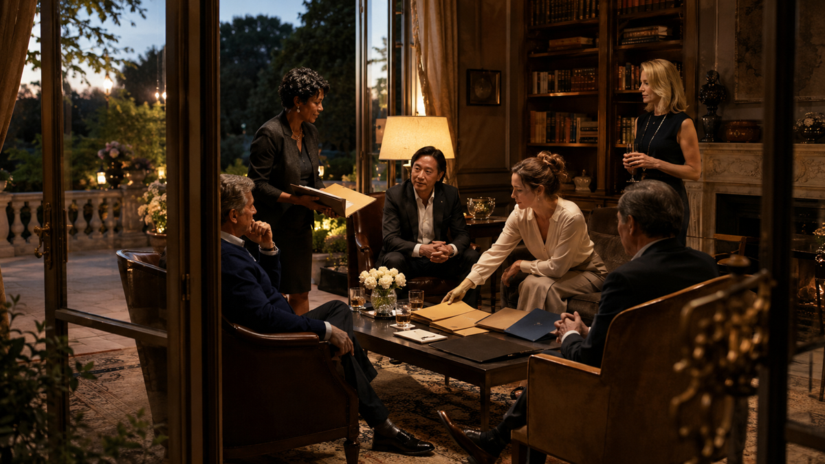 Six people in formal attire sit and stand around a coffee table in an elegant, wood-paneled room. They are discussing documents, with papers and folders spread out on the table. Evening light filters in through large windows.