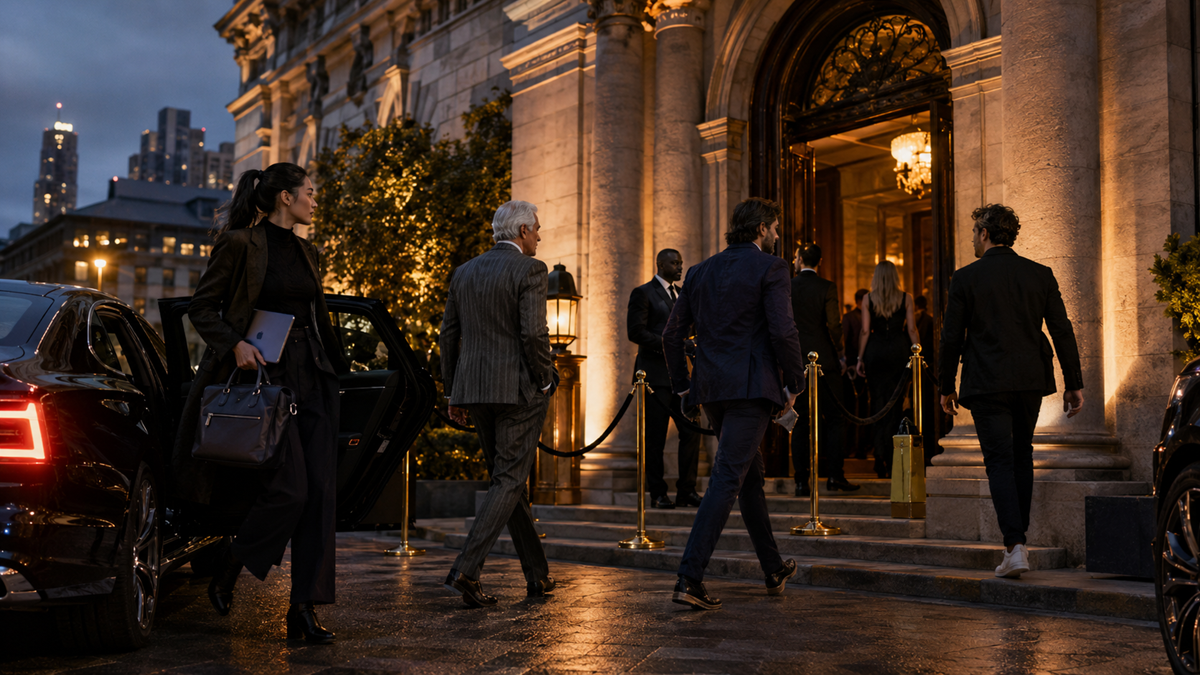 People in formal attire exit a car and walk toward a grand, well-lit building entrance at night, with security and gold rope barriers visible.