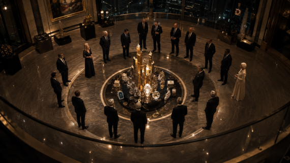A group of people in formal attire stand in a circle around a decorative display in a luxurious, dimly lit room with marble floors and large windows overlooking a city at night.
