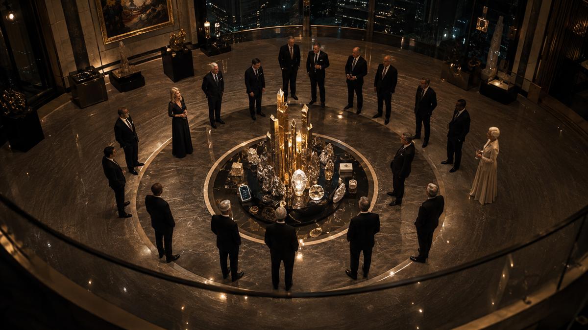 A group of people in formal attire stand in a circle around a decorative display in a luxurious, dimly lit room with marble floors and large windows overlooking a city at night.